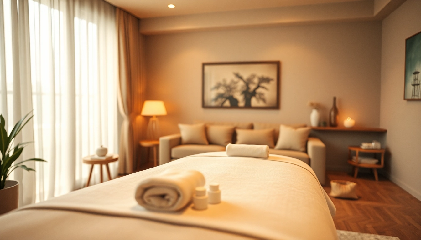 마사지 테이블과 아로마테라피 오일이 배치된 평화로운 거실에서의 평택출장마사지.