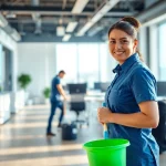 Professionelles grundreinigung berlin Team reinigt ein helles Büro in Berlin.