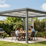 Freistehende Terrassenüberdachung aus Aluminium mit klaren Polycarbonatplatten in einem einladenden Garten, perfektes Ambiente für Familie und Freunde.