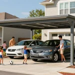 Moderne Carport-Struktur, die ein Auto schützt, umgeben von blühendem Garten und spielenden Kindern.