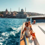 Genießen Sie eine Bosphorus daytime cruise mit atemberaubendem Blick auf die Stadt und sonnigen Passagieren.
