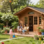 Wunderschönes Gartenhaus im Grünen, umgeben von blühenden Pflanzen und einer glücklichen Familie, die im Freien Zeit verbringt.